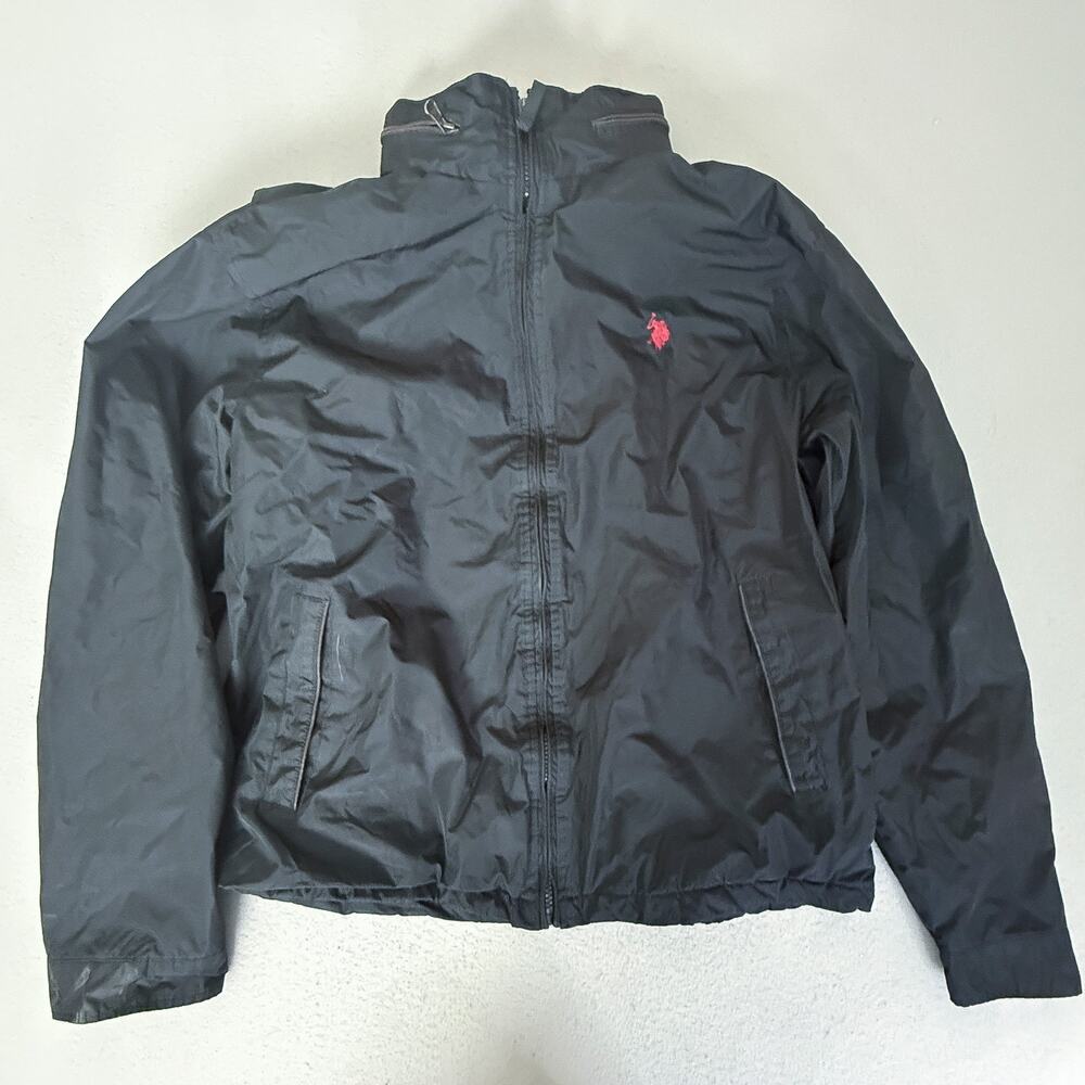 U.S. Polo Assn Black Fleece Lined Full Zip Jacket Coat Red Logo Size L